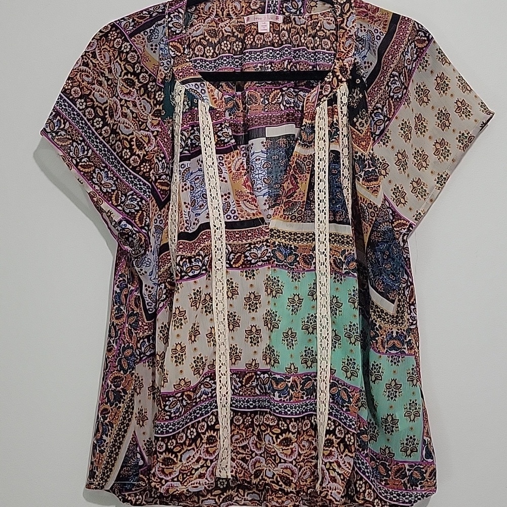 WOMEN'S PATCHWORK SHORT SLEEVE BOHO FLOWY BLOUSE